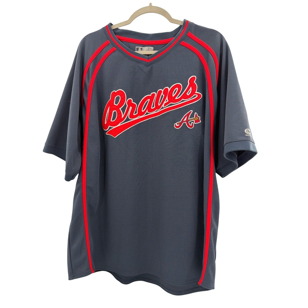 Majestic Atlanta Braves MLB Jersey Mens XL Grey Red Mesh V-Neck Tomahawk Logo